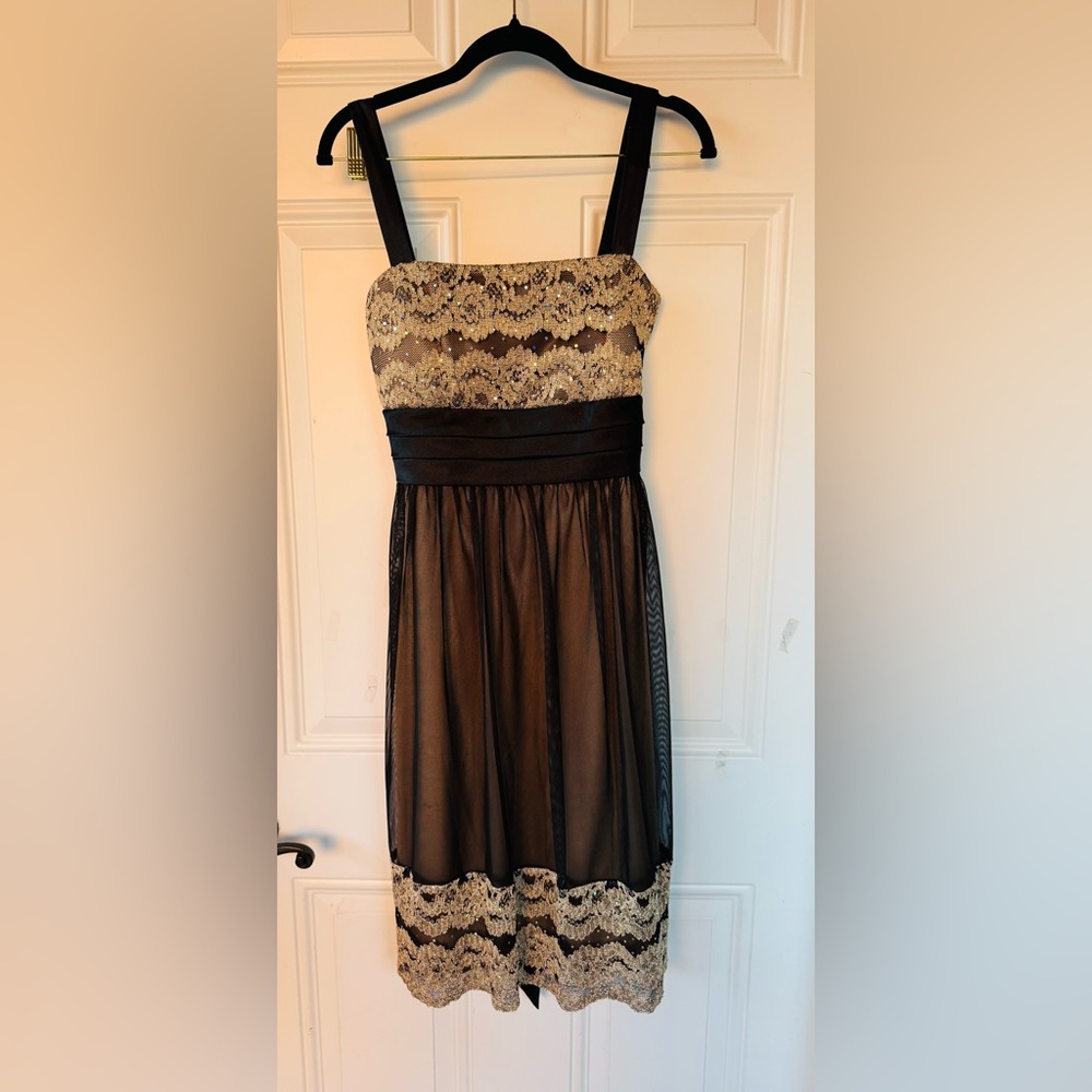 R&M Richards Strapless Dress with Black and Gold Lace